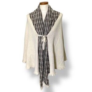 NWT Sol Alpaca Cape Wrap Poncho Cream  + Brown Tie Front Convertible Hooded New